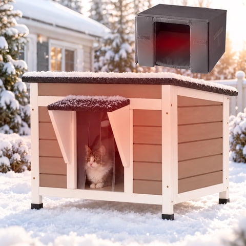 Aivituvin Insulated Outdoor Cat House for Winter, Weather-Resistant Wooden Feral Cat Shelter with 6-Sided Liner, Raised Floor and PVC Door Curtain