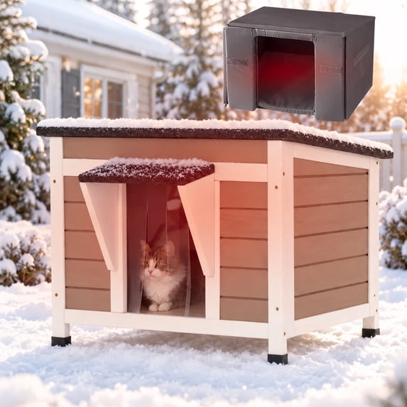 Aivituvin Insulated Outdoor Cat House for Winter, Weather-Resistant Wooden Feral Cat Shelter with 6-Sided Liner, Raised Floor and PVC Door Curtain