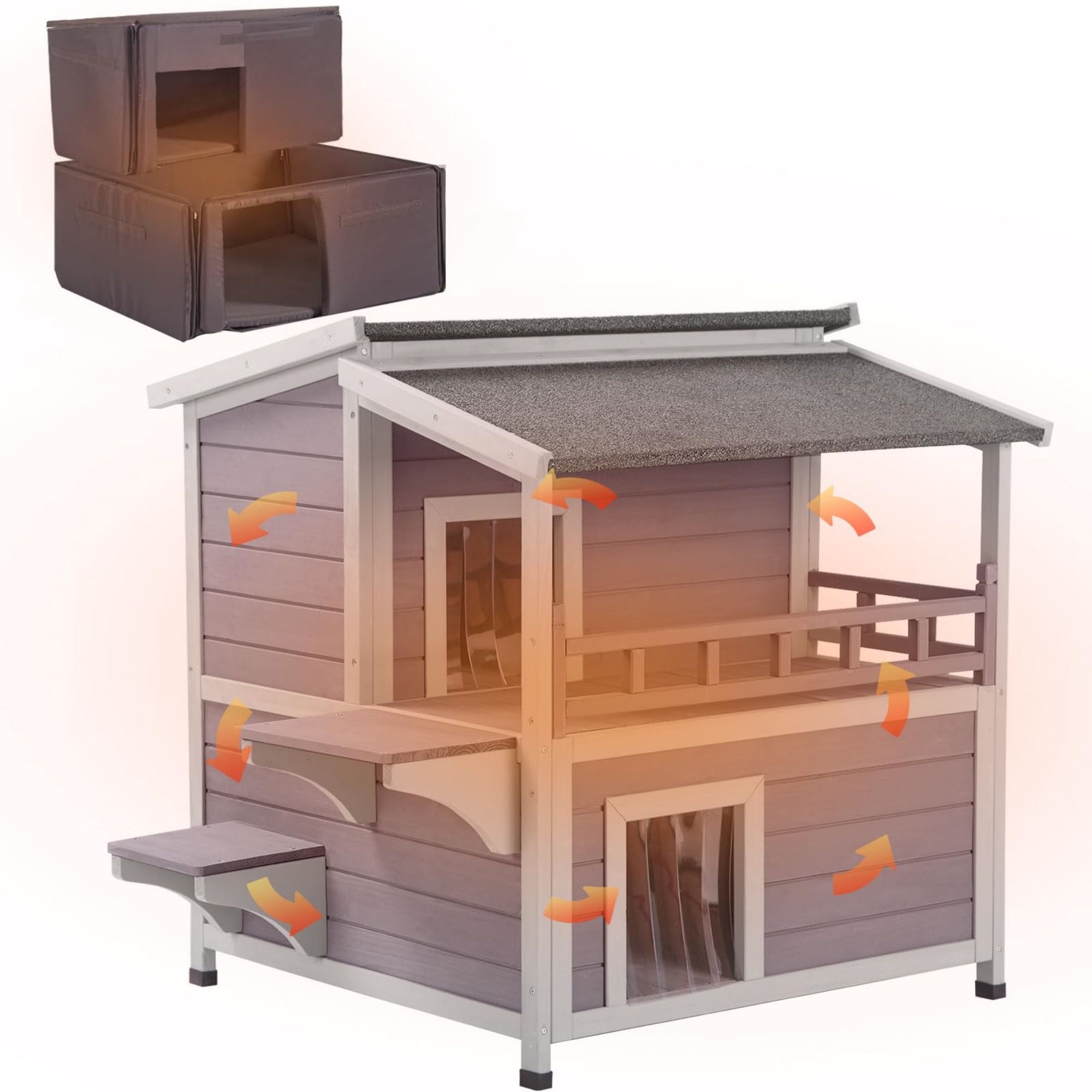 Aivituvin Insulated Outdoor Cat House with Insulated Liner, Winter Weatherproof Feral Cat Condo Shelter with Balcony, Gray