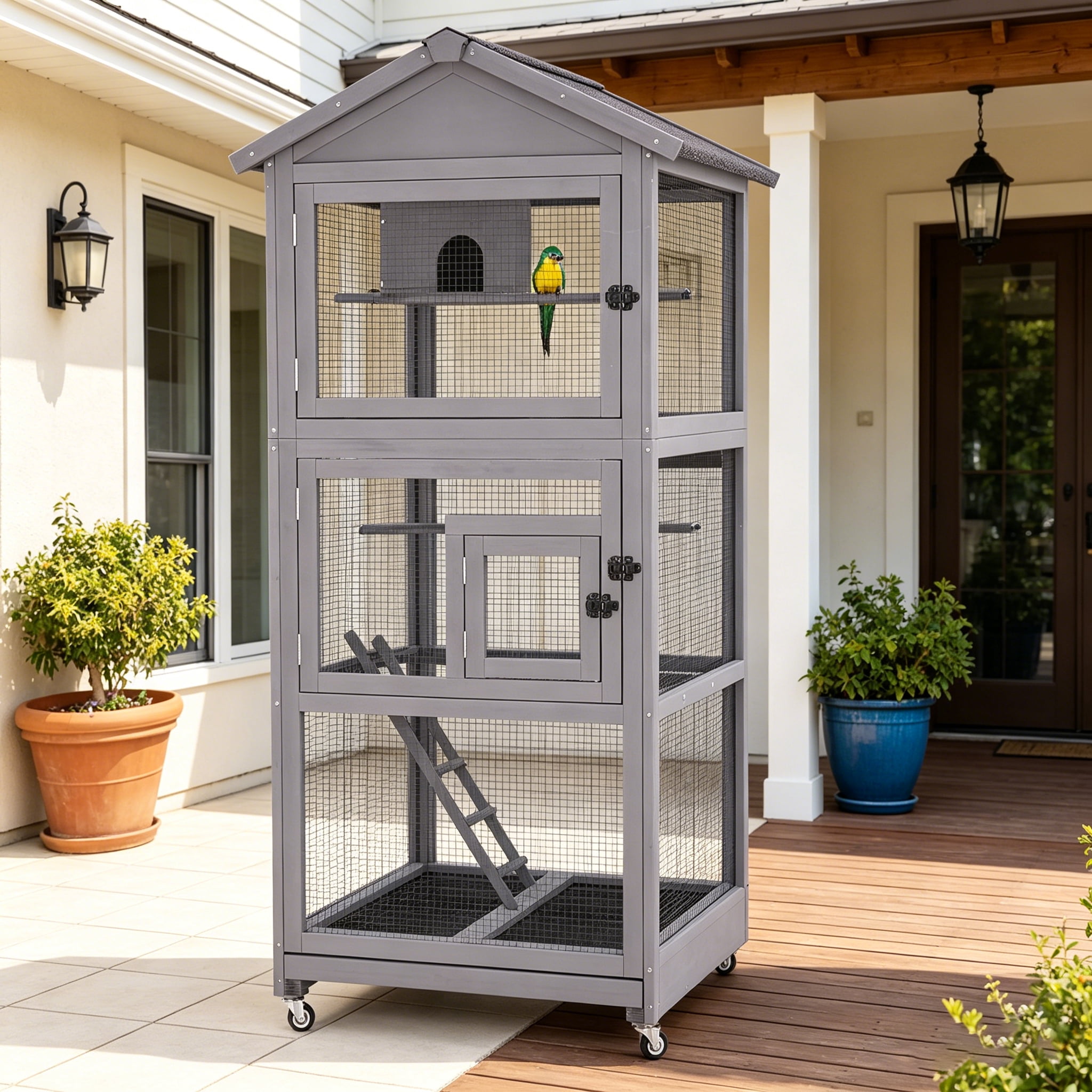 Aivituvin Large Bird Cage Outdoor Wooden Aviary Indoor on Wheels, with Play Stand, Perches, Nest Habitat & Wire Mesh Tray for Easy Cleaning