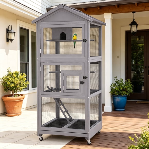 Aivituvin Large Bird Cage Outdoor Wooden Aviary Indoor on Wheels, with Play Stand, Perches, Nest Habitat & Wire Mesh Tray for Easy Cleaning