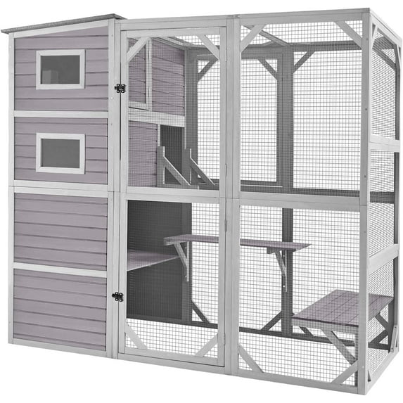 Aivituvin Large Cat Catio 4 Tiers Cat Enclosures House for Outdoor Indoor Cats with Weatherproof Roof, 3 Resting Rooms, 3 Platforms, 5 Windows 70" H 77" L