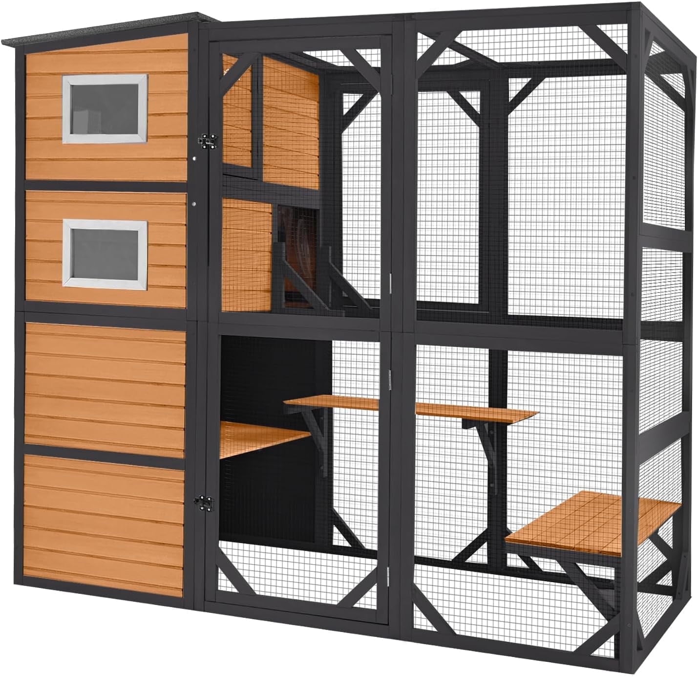 Aivituvin Large Cat Catio 4 Tiers Cat Enclosures House for Outdoor Indoor Cats with Weatherproof Roof, 3 Resting Rooms, 3 Platforms, 5 Windows 70" H 77" L