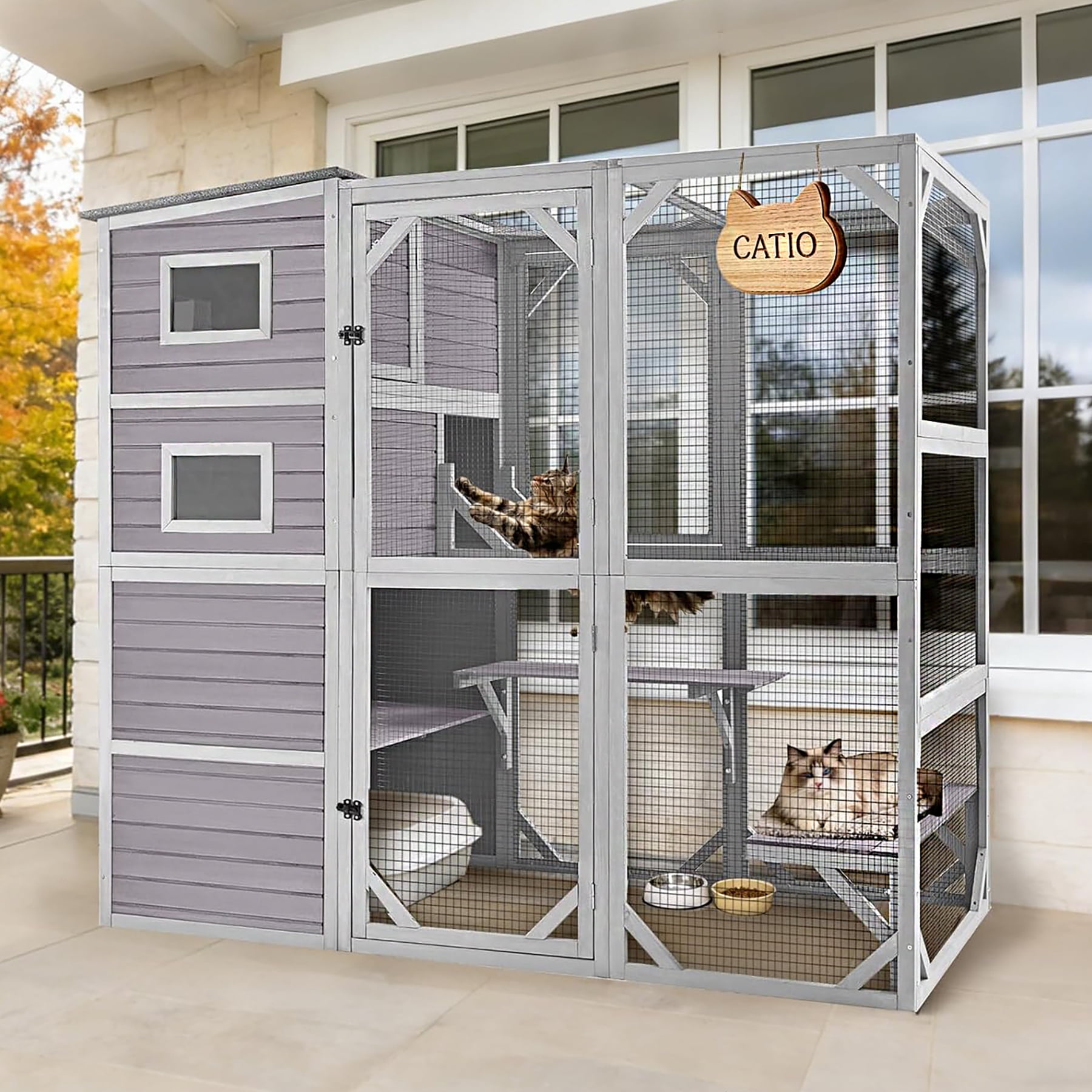 Aivituvin 70" Tall Catio Outdoor Cat Enclosure, Large Wooden Cat House with Waterproof Roof & 3-Tier Platforms, Walk-in Outside Cat Patio with Connectable Window Door for Multiple Cats (Grey)