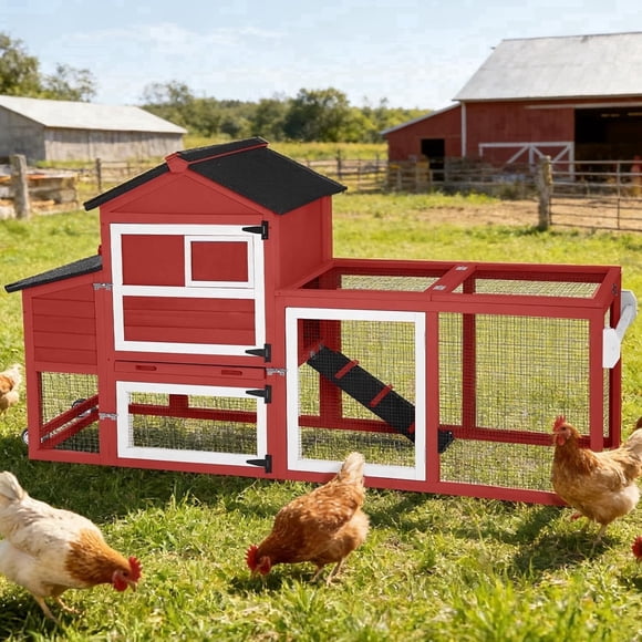 Aivituvin Large Chicken Coop with Wheels 82.4" L Outdoor Hen House with Run Nesting Box for 4-6 Chickens, Mobile Chicken House Portable Duck Coop Red