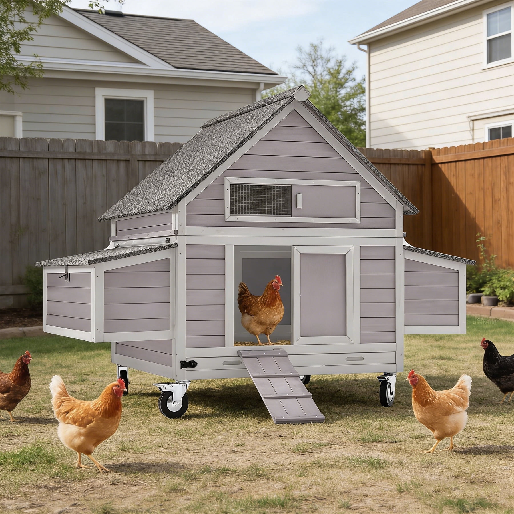 Aivituvin Large Chicken Coop with Wheels 6 Nesting Box Outdoor Mobile Hen House Wooden Poultry Cage Waterproof Asphalt Roof for 4-6 Chickens Gray