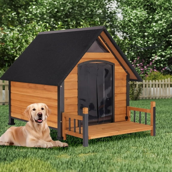 Aivituvin Large Dog House Outdoor Weatherproof with Porch, All-Metal Frame Chew-Proof Dog Kennel with Asphalt Roof, for Small Medium Large Dogs