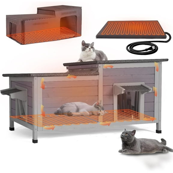 Aivituvin Large Heated Cat House Outdoor Insulated Cat House Weatherproof Feral Cat Shelter with Thermostat-Controlled Heating Pad, 6-Sided Thermal Liner for 1-4 Feral Stray Barn Cats