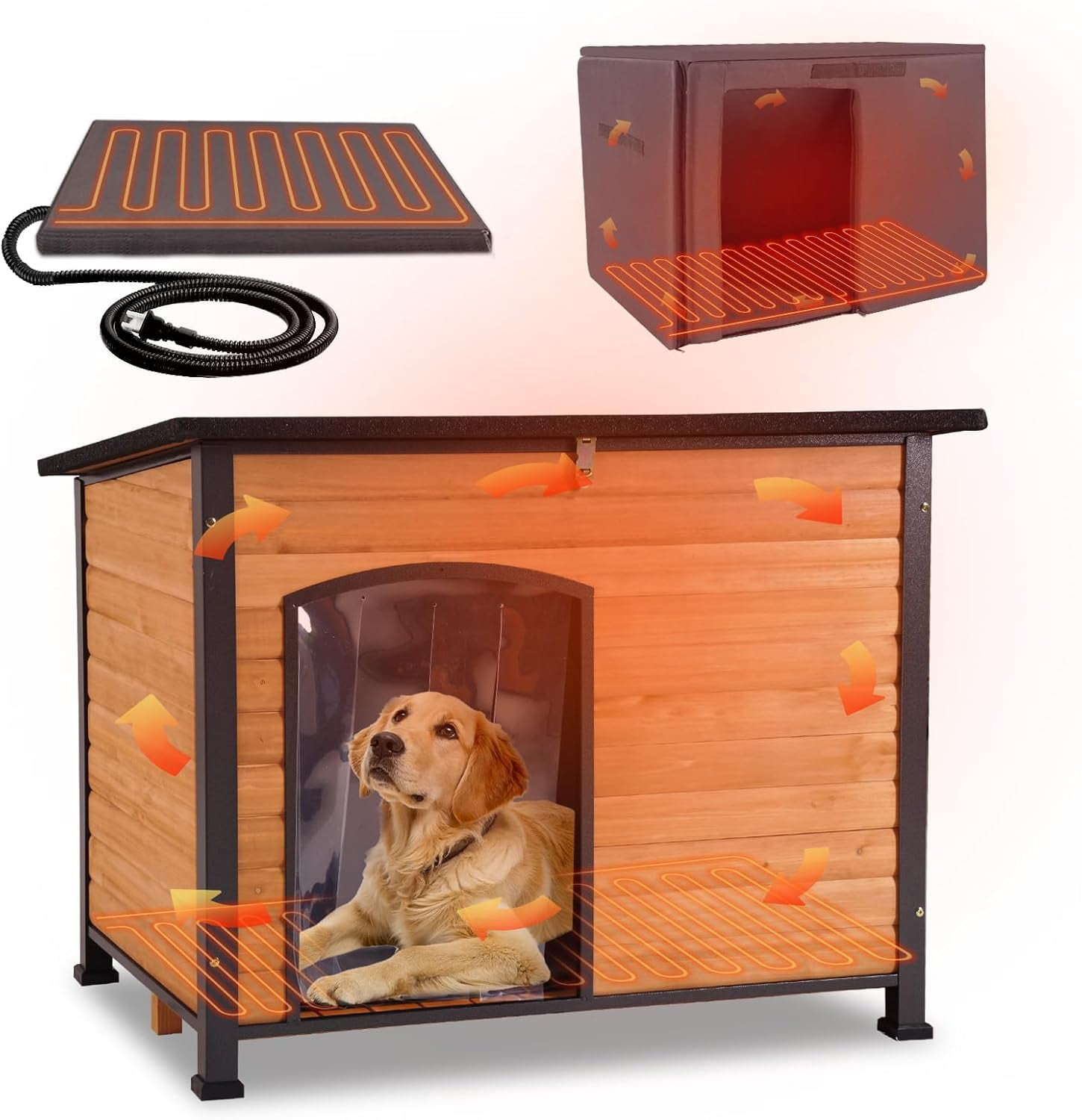 Aivituvin Large Heated Dog House Outdoor Dog House Insulated Weatherproof Dog Kennel with Safe Heating Pad, Thermal Liner, Chew-Proof Metal Frame for Medium to Large Dog Breeds, 33.5" L×22" D×25.2" H