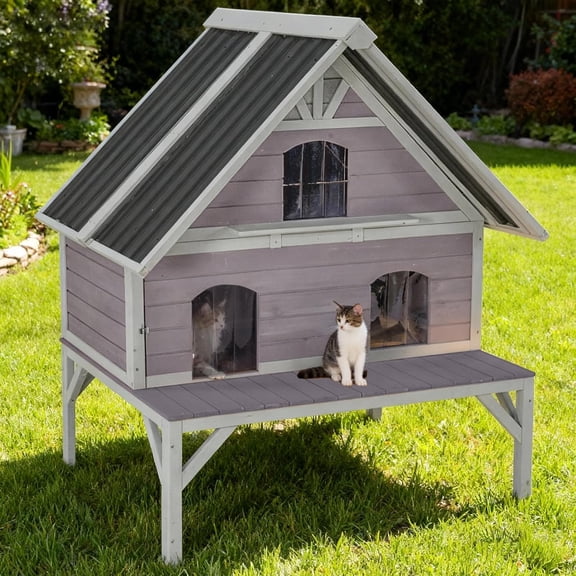 Aivituvin Outdoor Cat House Weatherproof Large Feral Cat Shelter with 2-Layer, Wooden Cat Condo with Balcony, Escape Doors and Openable Back Door for Multiple Cats Indoor