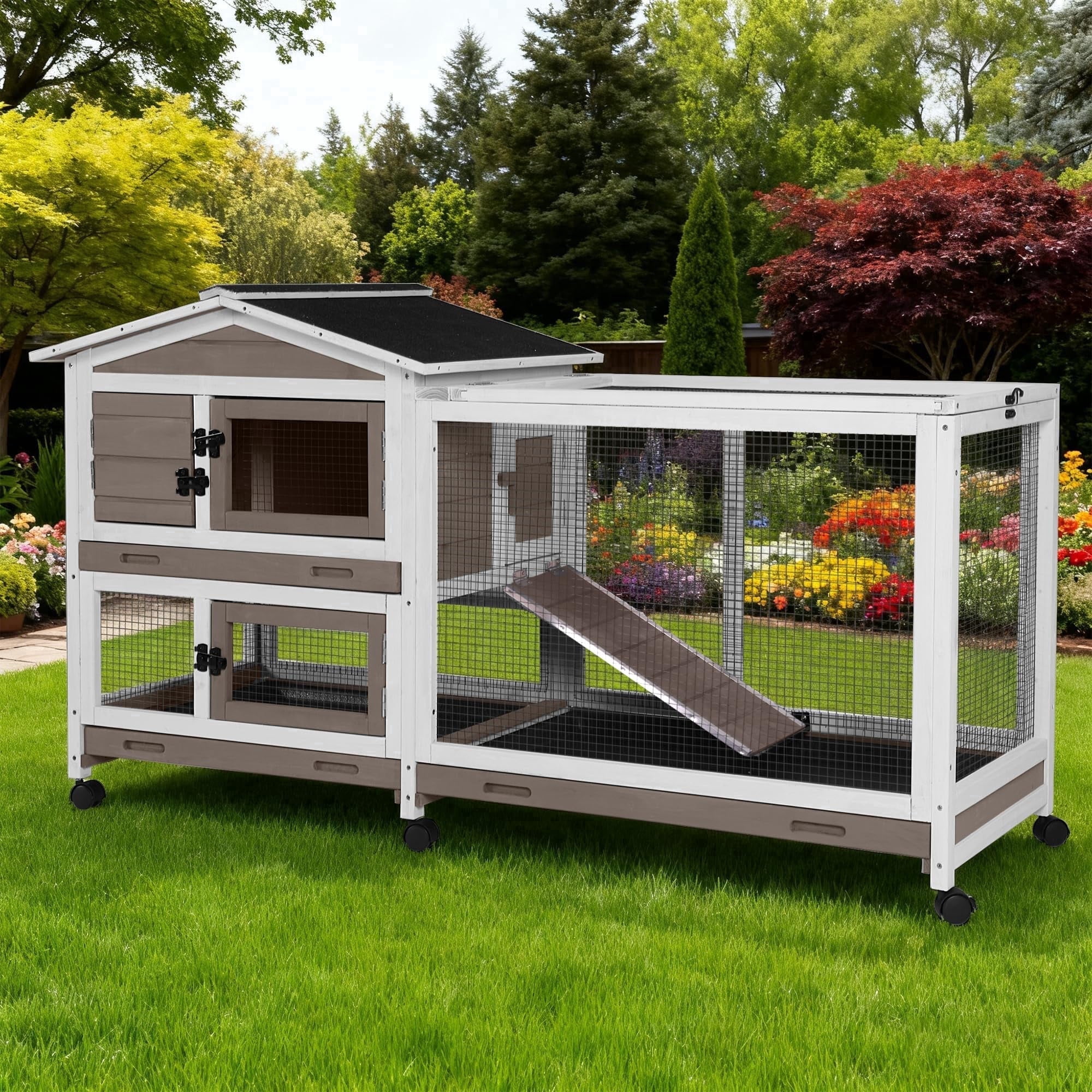 Aivituvin Large Rabbit Hutch Indoor, Bunny Cage Outdoor with Chew-Proof Ramp, 2-Story Guinea Pig Cages with 6 Wheels, 3 Pull-Out Trays, Waterproof Asphalt Roof, 62" L - Coffee