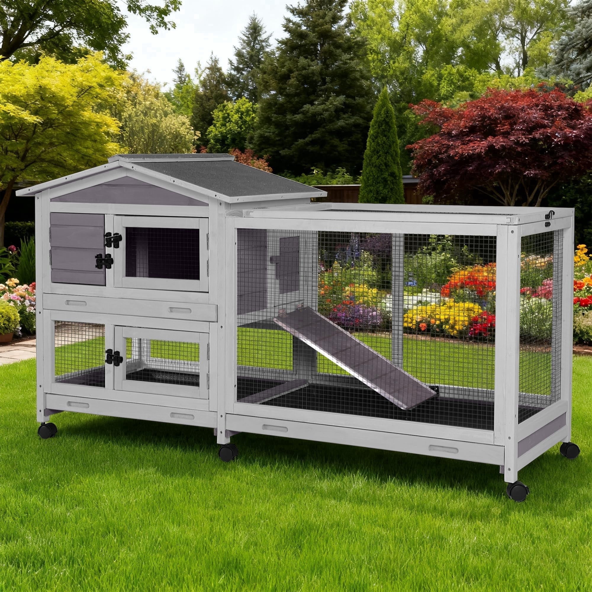 Aivituvin Large Rabbit Hutch Indoor, Bunny Cage Outdoor with Chew-Proof Ramp, 2-Story Guinea Pig Cages with 6 Wheels, 3 Pull-Out Trays, Waterproof Asphalt Roof, 62" L - Gray