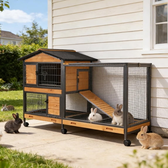 Aivituvin Large Wooden 2-Story Rabbit Hutch for 2-4 Bunnies – Heavy Duty Metal-Framed Rabbit Cage with 6 Smooth-Rolling Wheels, 3 Easy-Clean Pull-Out Trays & 6 Access Doors, Indoor Outdoor (Brown)