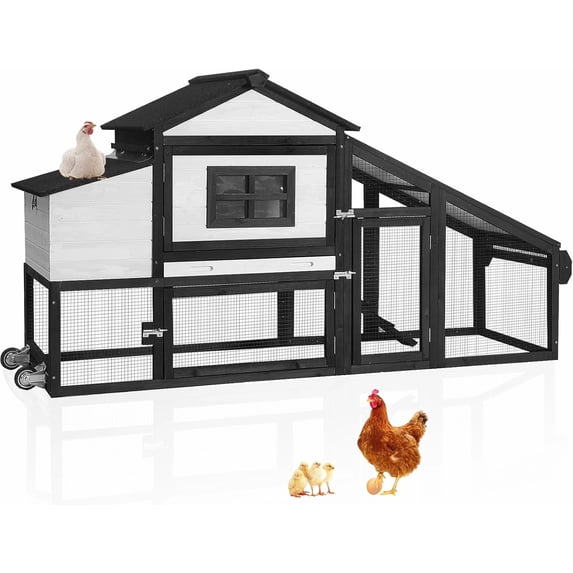 Aivituvin Mobile Chicken Coop with Wheels for 2-4 Chickens, Backyard Expandable Chicken House Duck Cage with Run, 2 Nesting Boxes, Easy Clean Pull-Out Tray, Leak-Resistant Asphalt Roof, 72.3"