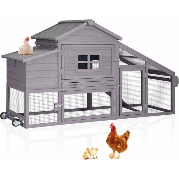 Aivituvin Mobile Chicken Coop with Wheels for 2-4 Chickens, Backyard Expandable Chicken House Duck Cage with Run, 2 Nesting Boxes, Easy Clean Pull-Out Tray, Leak-Resistant Asphalt Roof, 72.3"