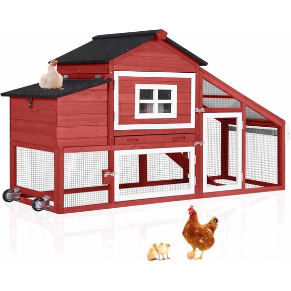 Aivituvin Mobile Chicken Coop with Wheels for 2-4 Chickens, Backyard Expandable Chicken House Duck Cage with Run, 2 Nesting Boxes, Easy Clean Pull-Out Tray, Leak-Resistant Asphalt Roof, 72.3"