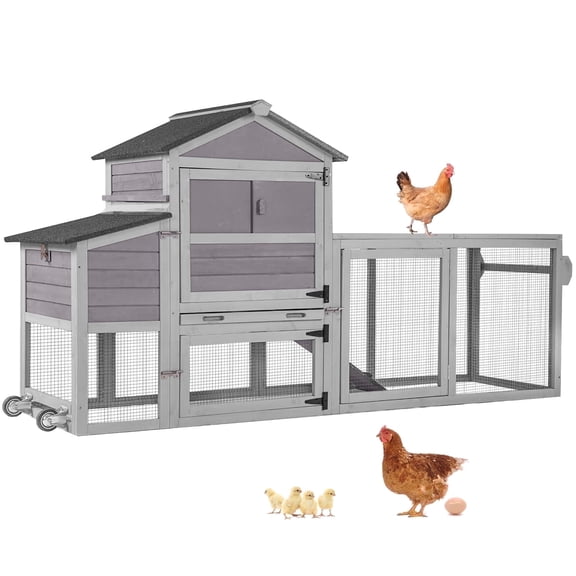Aivituvin 82" Mobile Chicken Coop with Run for 4-6 Chickens, Large Expandable Wooden Hen House with 2 Nesting Boxes, Wheels and Removable Easy-Clean Tray, Gray