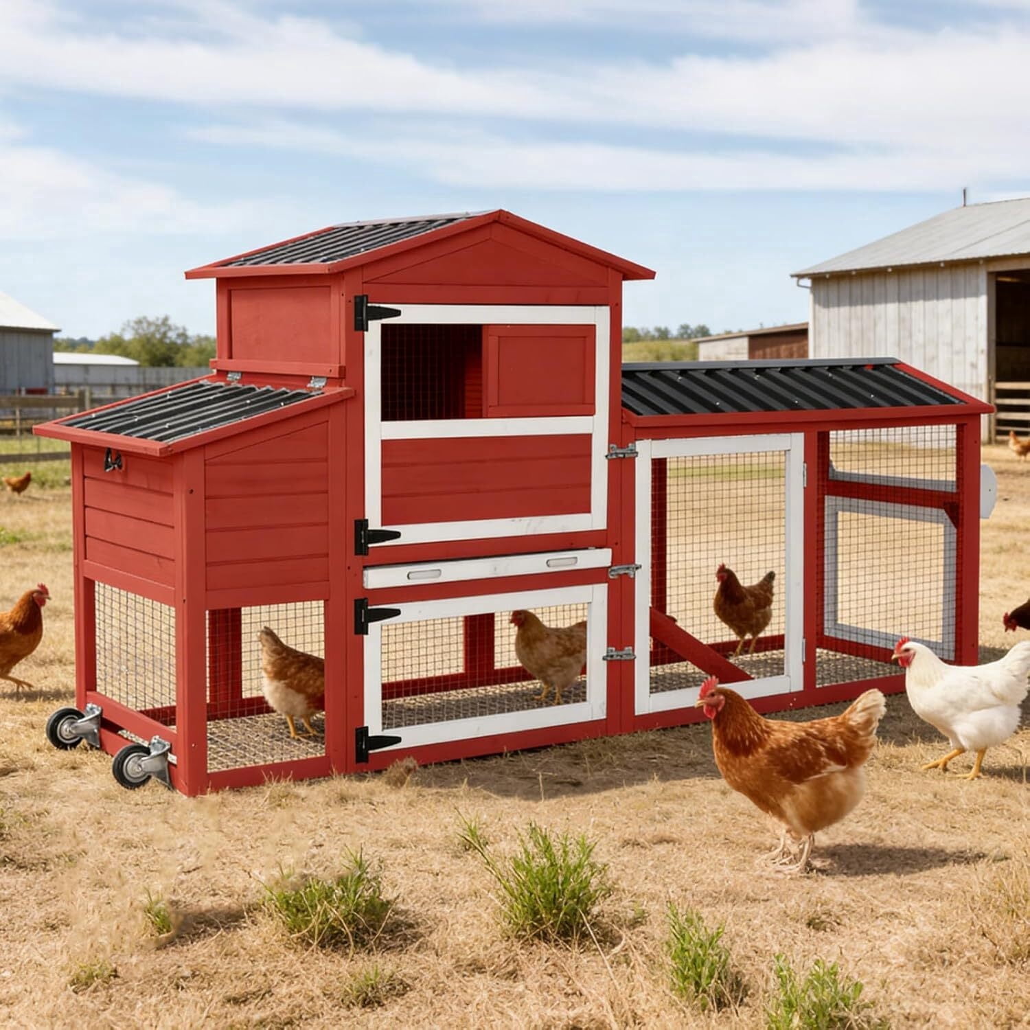 Aivituvin Mobile Chicken Coop with Wheels for 4-6 Chickens, Large Outdoor Hen House with Run, Weatherproof Roof, Sectionable Nesting Box, Pull-Out Tray, 83.3" L x 26" W x 42" H - Red