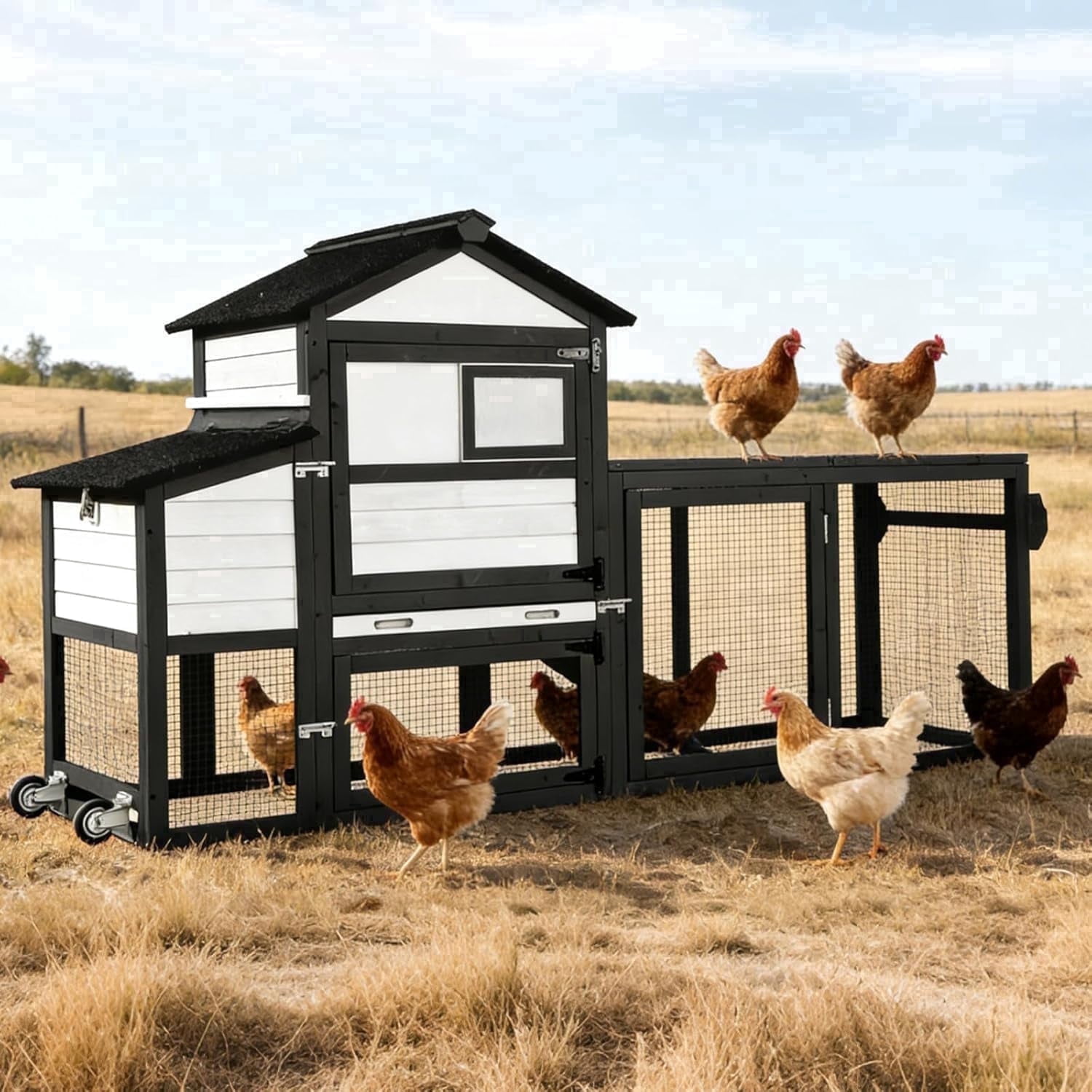 Aivituvin Mobile Chicken Coop with Wheels, 82.4" L Large Outdoor Hen House with Run Nesting Box for 4-6 Chickens, Weatherproof Chicken House Black