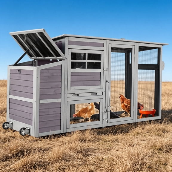 Aivituvin 75" Large Chicken Coop with Run, Mobile Wooden Poultry Cage with Wheels, Nesting Box, Weatherproof Roof, Easy Cleaning Tray for 4-6 Chickens