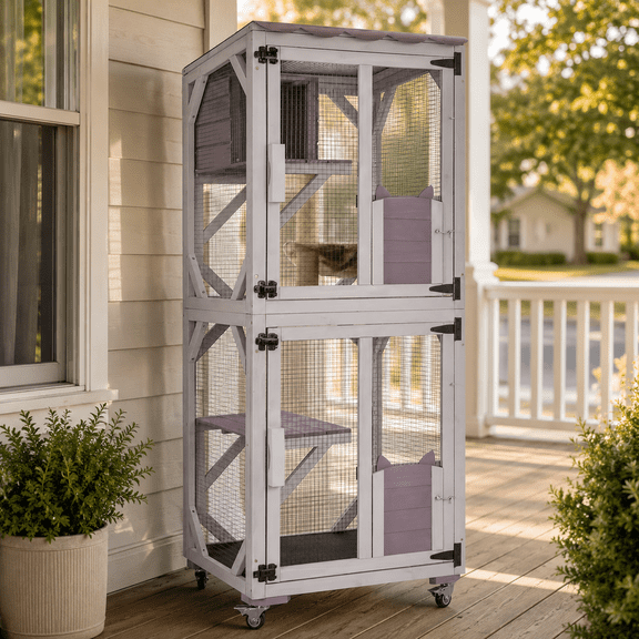 Aivituvin Outdoor Cat Catio with Wheels, 62.8" Tall 3-Tier Wooden Cat Enclosure with 3 Platforms, Resting Box and Waterproof Fabric Roof