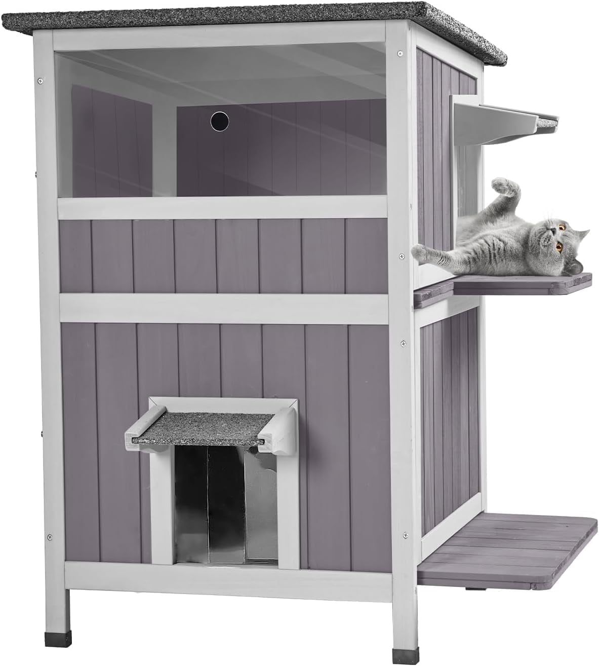 Aivituvin Outdoor Cat House, Waterproof Feral Cat Shelter, 2-Story Cat Cage for Outdoor and Indoor Use, Gray
