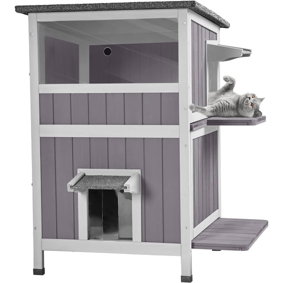 Aivituvin Outdoor Cat House, Waterproof Feral Cat Shelter, 2-Story Cat Cage for Outdoor and Indoor Use, Gray