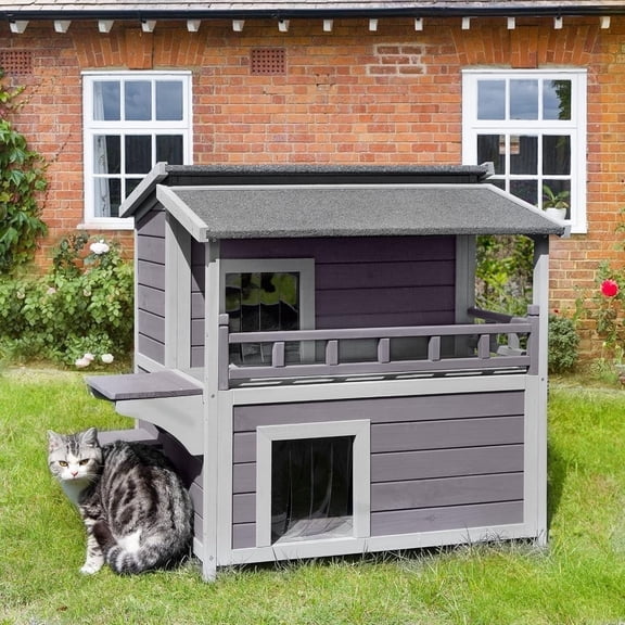 Aivituvin Outdoor Cat House Weatherproof, Feral Kitty House Cats Enclosure with Balcony, Wooden Kitty Shelter Waterproof