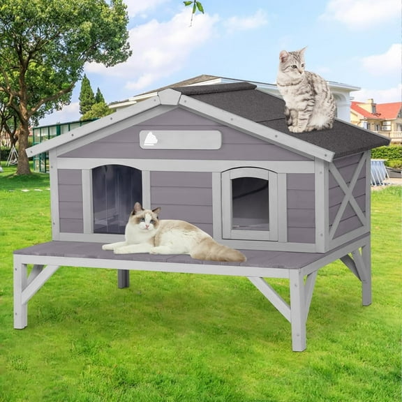 Aivituvin Outdoor Cat House Weatherproof with 3 Entry Doors, Elevated Base & PVC Curtain, Indoor/Outdoor Kitty Shelter for Small-Medium Pets
