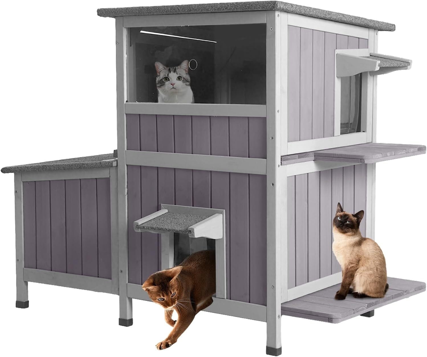 Aivituvin Outdoor Cat House for Winter, 2-Story Wooden Feral Cat Shelter with Waterproof Roof Escape Door and Elevated Base to Keep Multiple Cats Warm