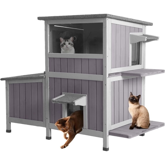 Aivituvin Outdoor Cat House for Winter, 2-Story Wooden Feral Cat Shelter with Waterproof Roof Escape Door and Elevated Base to Keep Multiple Cats Warm
