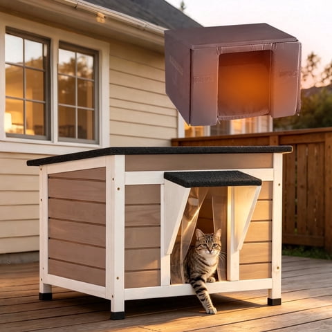 Aivituvin Outdoor Cat House with Insulated Liner Escape Door Weatherproof Roof Feral Cat Shelter for Winter Outside Brown