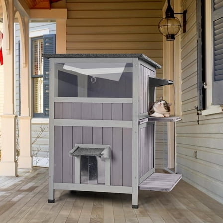 Aivituvin Outdoor Feral Cat House 2-Story Cat Cottage Kitten Shelter with Window 24.02"D x 33.86"W x 7.28"H