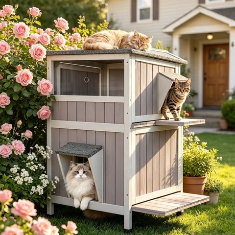 Aivituvin Outdoor Feral Cat House Weatherproof 2-Story Cat Condon Enclosure for Outside Cats Shelter with Large Window, Escape Door, Jumping Platform
