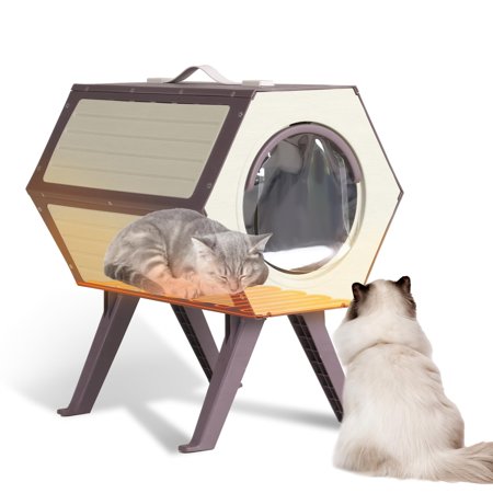 Aivituvin Outdoor Heated Cat House with Heated Pad, Insulated Feral Cat Shelter House & Condo for Winter Weatherproof, Brown & White, 1 Set