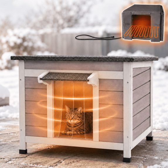 Aivituvin 23.6" Heated Outdoor Cat House for Winter, Insulated Feral Cat Shelter with Thermostatic Heating Pad and 6-Sided Zippered Liner