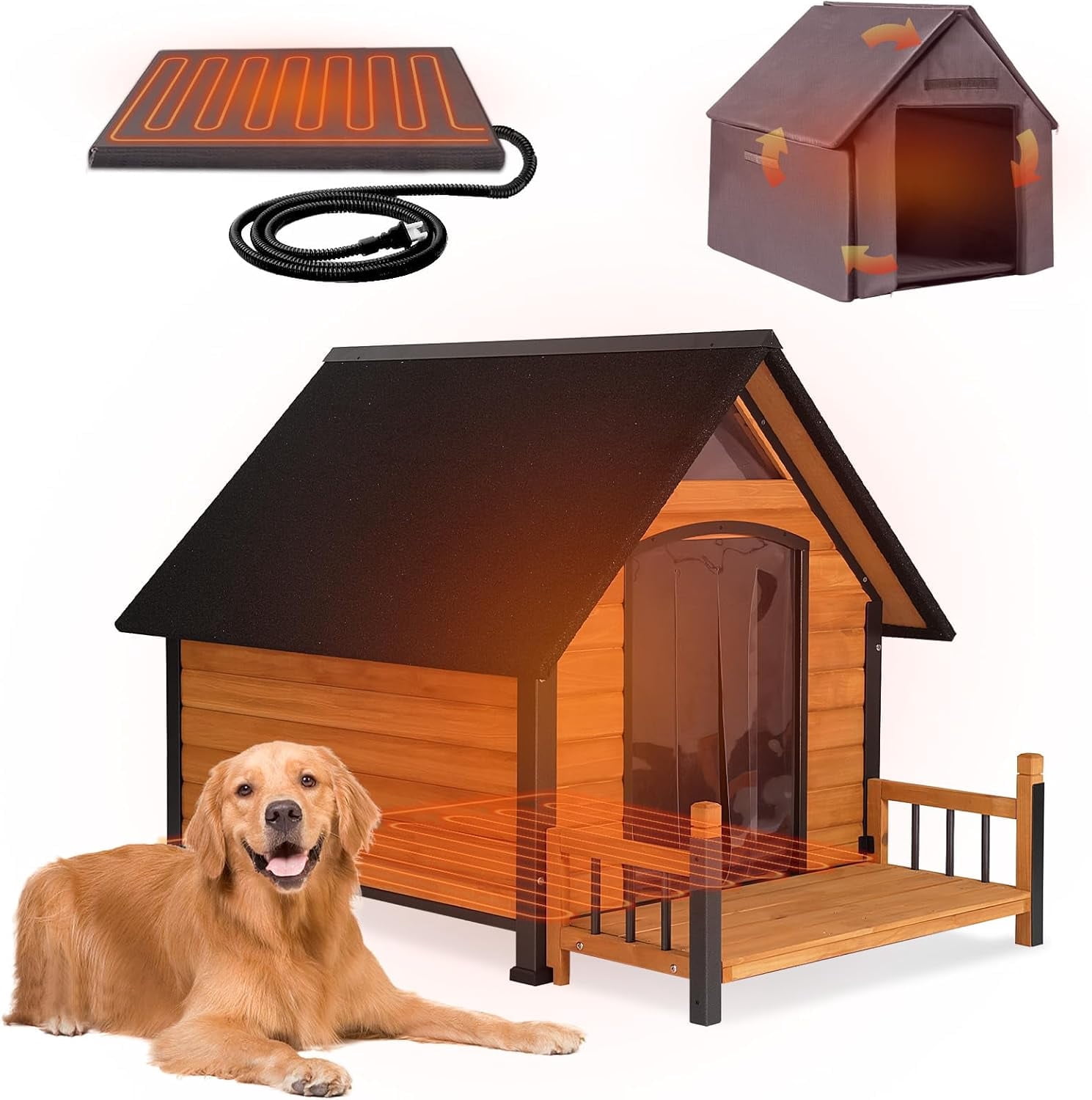 Aivituvin Outdoor Heated Dog House Anti-Bite Weatherproof Dog Kennel Puppy Shelter Indoor with Heating Pad, All-Around Insulated Liner and Porch for Large Breed, 45" D x 32.9" W x 32.6" H (Brown)