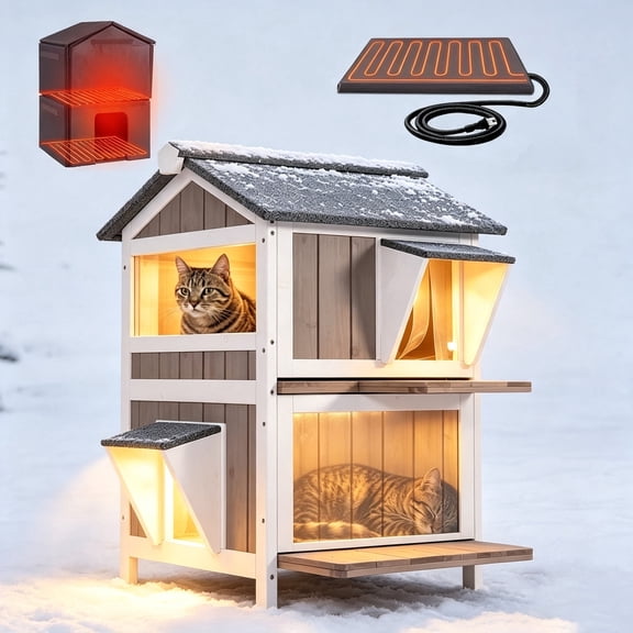 Aivituvin Outdoor Heated Cat House Insulated Weathproof Two Story Feral Cat Shelter for Winter with Escape Door, Heated Pad, Insulated Liner Brown