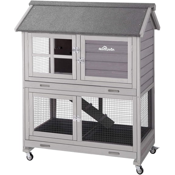 Aivituvin Outdoor Rabbit Hutch Bunny House with Wheels, Wooden Guinea Pig Cage for Small Animals