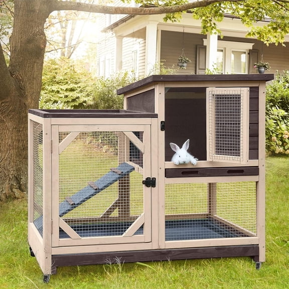 Aivituvin Rabbit Hutch Rabbit Cage Indoor Bunny Hutch with Run Outdoor Rabbit House with Two Deeper No Leak Trays - 4 Casters Include (Without Bottom Wire Netting)