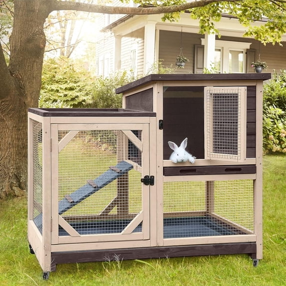 Aivituvin Rabbit Hutch Rabbit Cage Indoor Bunny Hutch with Run Outdoor Rabbit House with Two Deeper No Leak Trays - 4 Casters Include (Without Bottom Wire Netting)