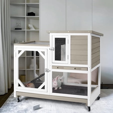 Aivituvin Outdoor Rabbit Hutch Indoor Bunny Cage-Mocca Without Wire Mesh