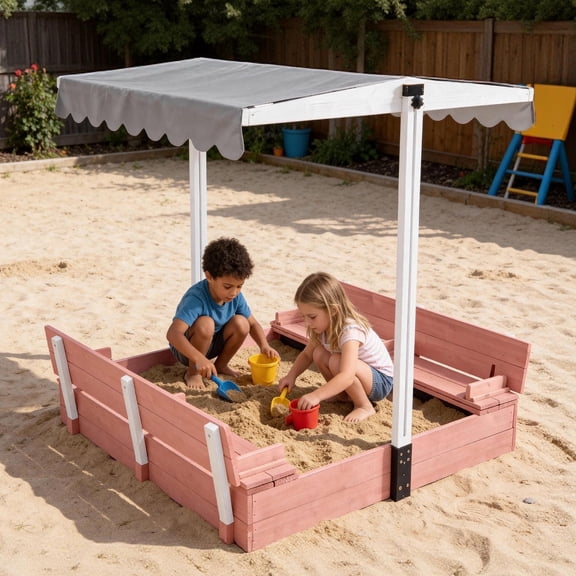 Aivituvin Sandbox for Kids with Lid and Canopy, Sand Boxes with Covers Foldable Bench Seats, Children Outdoor Wooden Playset - Retractable Roof (Pink)