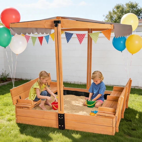 Aivituvin Outdoor Kids Sandbox with UV-Resistant Canopy & Lid, Sand Box with 2-in-1 Foldable Seats, 47"x47" Length