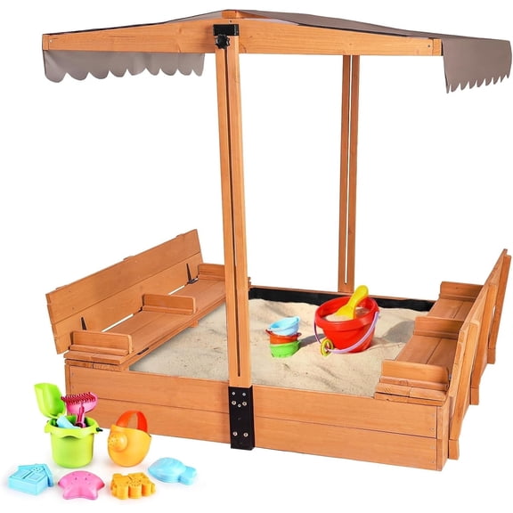Aivituvin Outdoor Sandbox with UV-Resistant Canopy, Sand Box with 2-IN-1 Foldable Seats, 47"x47" Length