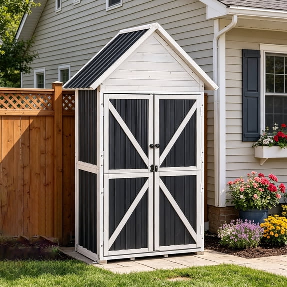 Aivituvin Outdoor Storage Cabinet, Wood & Metal Frame Garden Storage Shed with Waterproof Plastic Roof, Adjustable Shelves, Raised Base, Weather-Resistant Tool Shed for Backyard, Patio & Lawn, 67.5"H