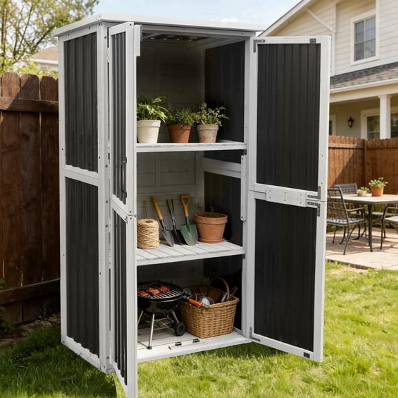 Aivituvin Outdoor Storage Shed with 3-Level Adjustable Shelves – Durable, Weather-Resistant & Secure Storage Solution for Patio, Garden & Garage 5FT (White&Black)