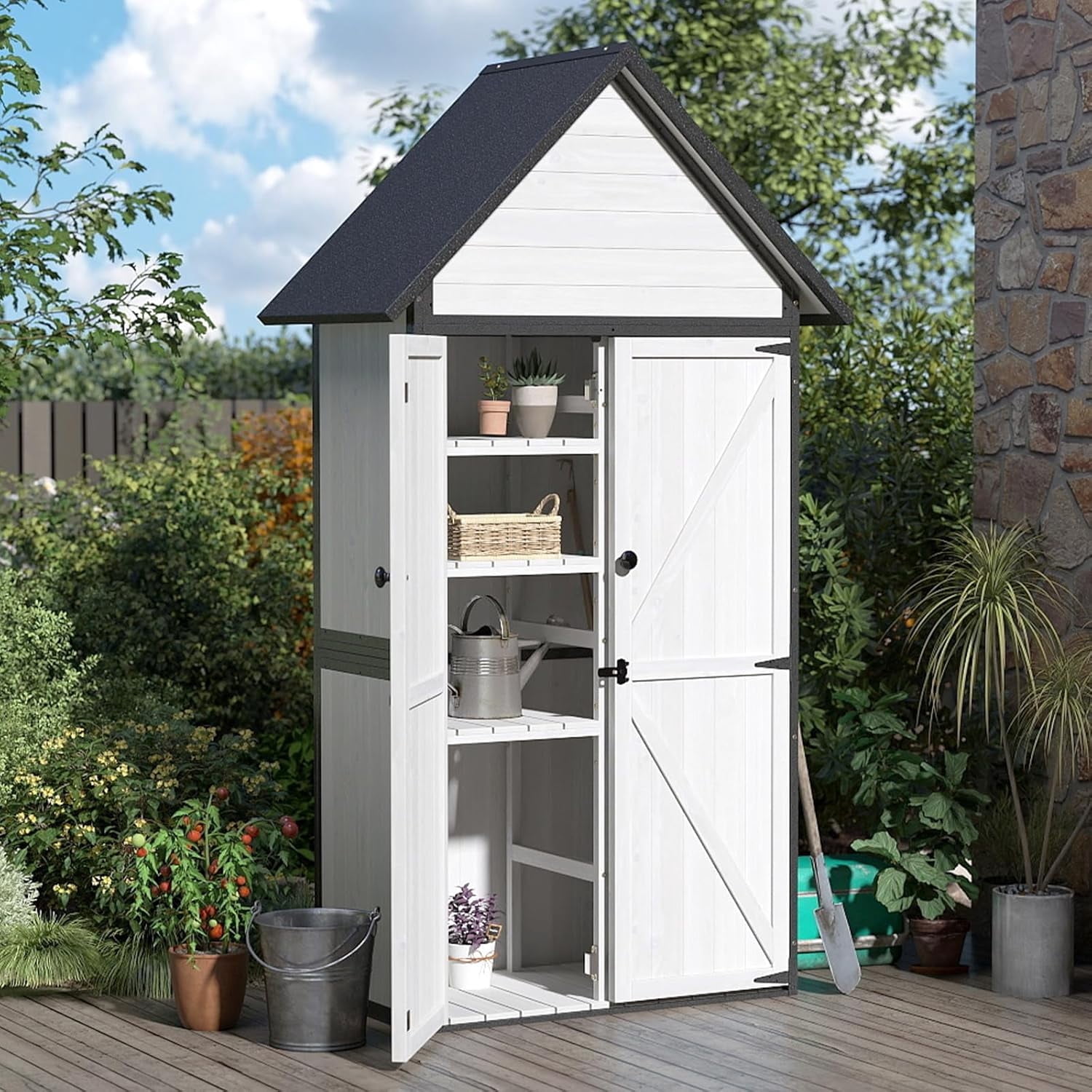 Aivituvin Outdoor Large Storage Shed with Durable Metal Frame, Lockable  Storage Cabinet with Floor, Weatherproof Tool Shed for Backyard Patio (White)