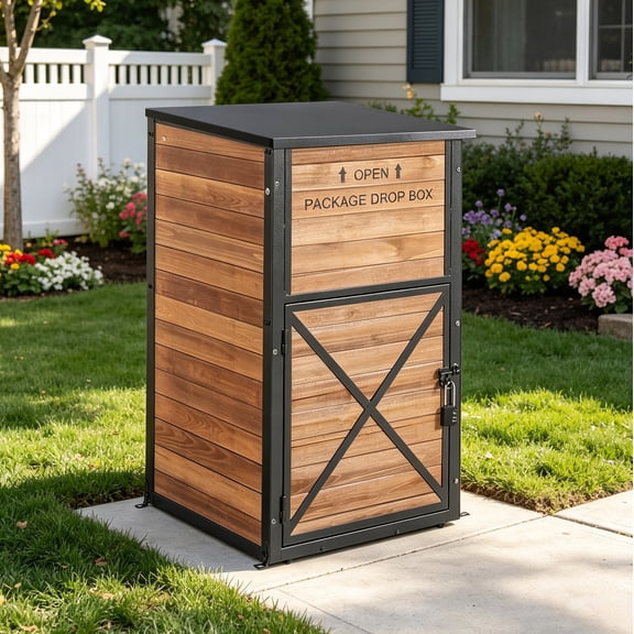 Aivituvin Package Delivery Box for Outside Large Parcel Drop Box Metal Frame Solid Wood Anti-Theft Baffle Password Lock Weatherproof Storage Box Brown