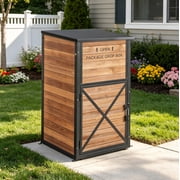 Aivituvin Package Delivery Box for Outside Large Parcel Drop Box Metal Frame Solid Wood Anti-Theft Baffle Password Lock Weatherproof Storage Box Brown